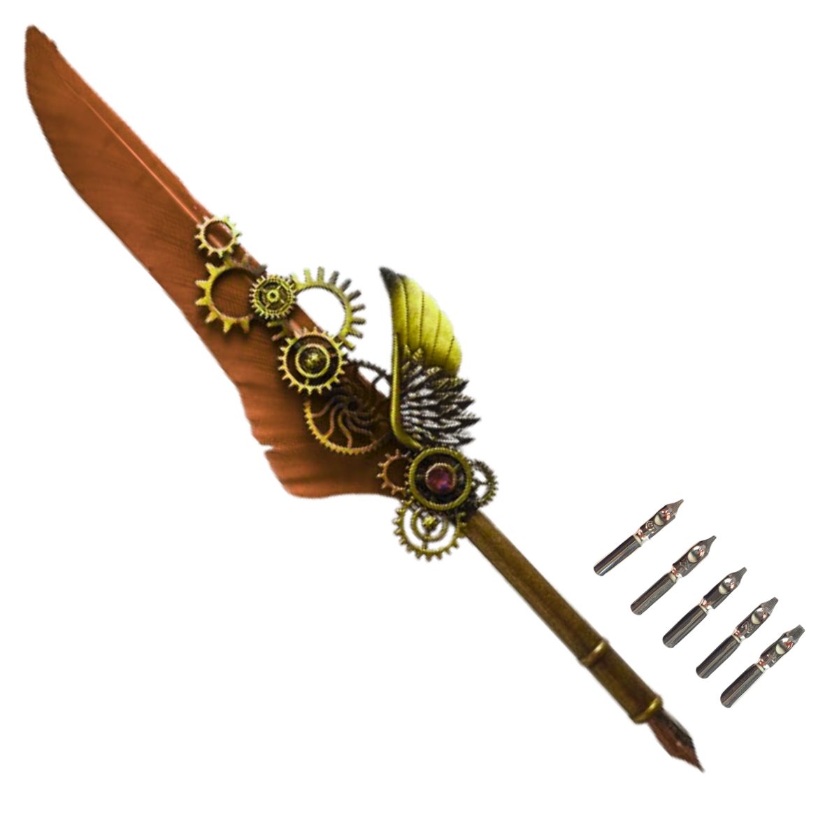 Kit Caneta Tinteiro Pena Engrenagem Marrom Kit Caneta Tinteiro Pena Engrenagem Marrom